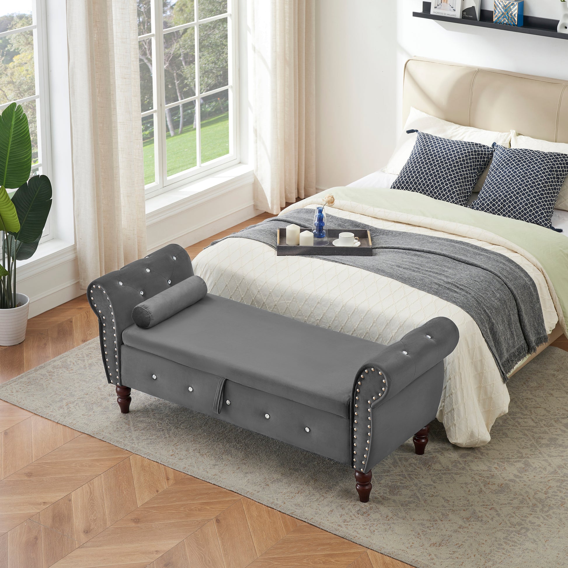 63.38"Velvet Multifunctional Storage Rectangular Ottoman Bench Comes With Crystal Buckle Solid Wood Legs With 1 Pillow,Dark Gray Dark Gray Velvet