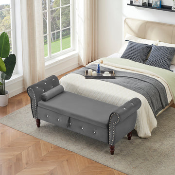 63.38"Velvet Multifunctional Storage Rectangular Ottoman Bench Comes With Crystal Buckle Solid Wood Legs With 1 Pillow,Dark Gray Dark Gray Velvet