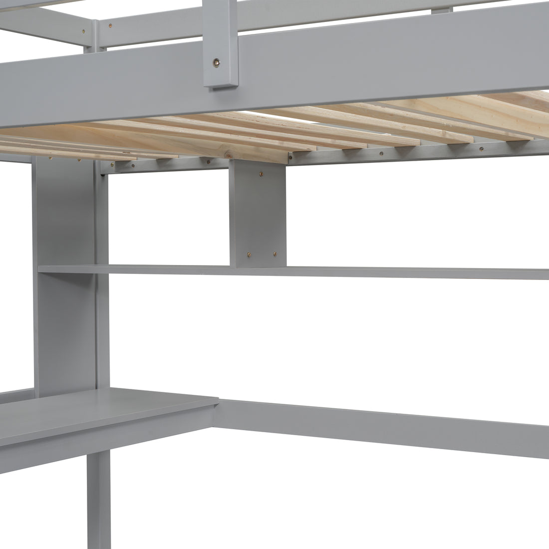 Twin Loft Bed With Built In Desk And Bookcase Of Three Compartments, Guardrails And Ladder,Grey Twin Grey Pine