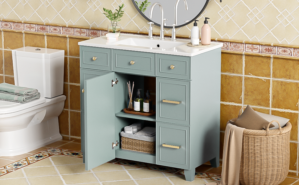 36" Bathroom Vanity With Ceramic Sink, Green, Solid Wood Frame, Soft Close Doors, Adjustable Shelves, 3 Drawers ,Including Double Depth Drawer For Hairdryer Storage Old Sku:Sv000003Aag 1 Green
