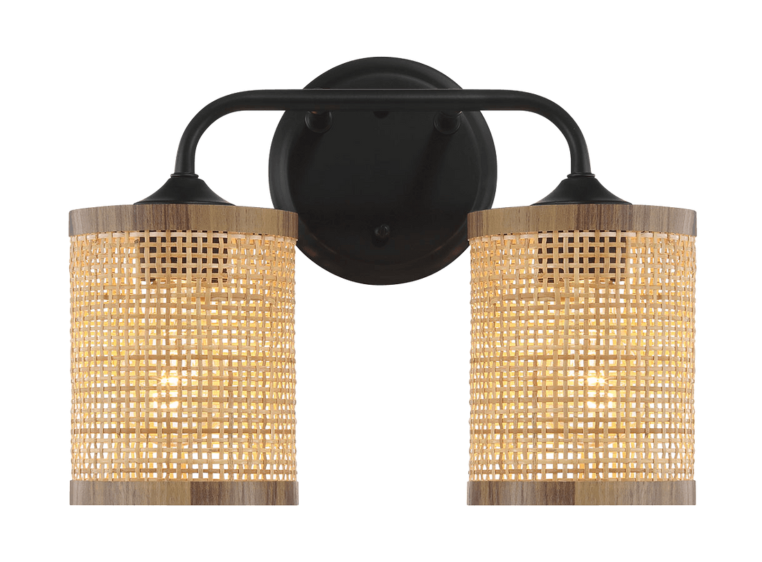 Quell Double Light Vanity With Natural Rattan Shade Wall Lamp Black,Rattan Metal,Rattan