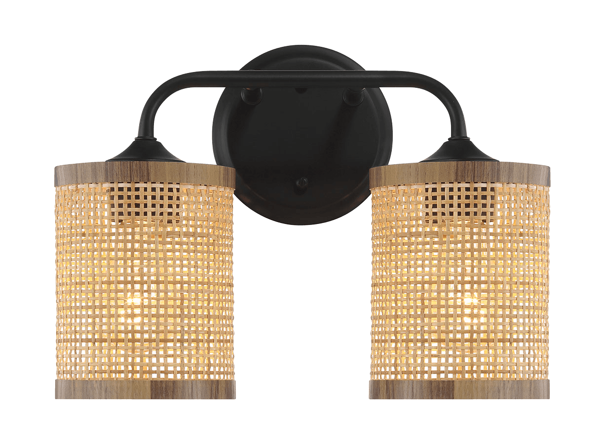 Quell Double Light Vanity With Natural Rattan Shade Wall Lamp Black,Rattan Metal,Rattan