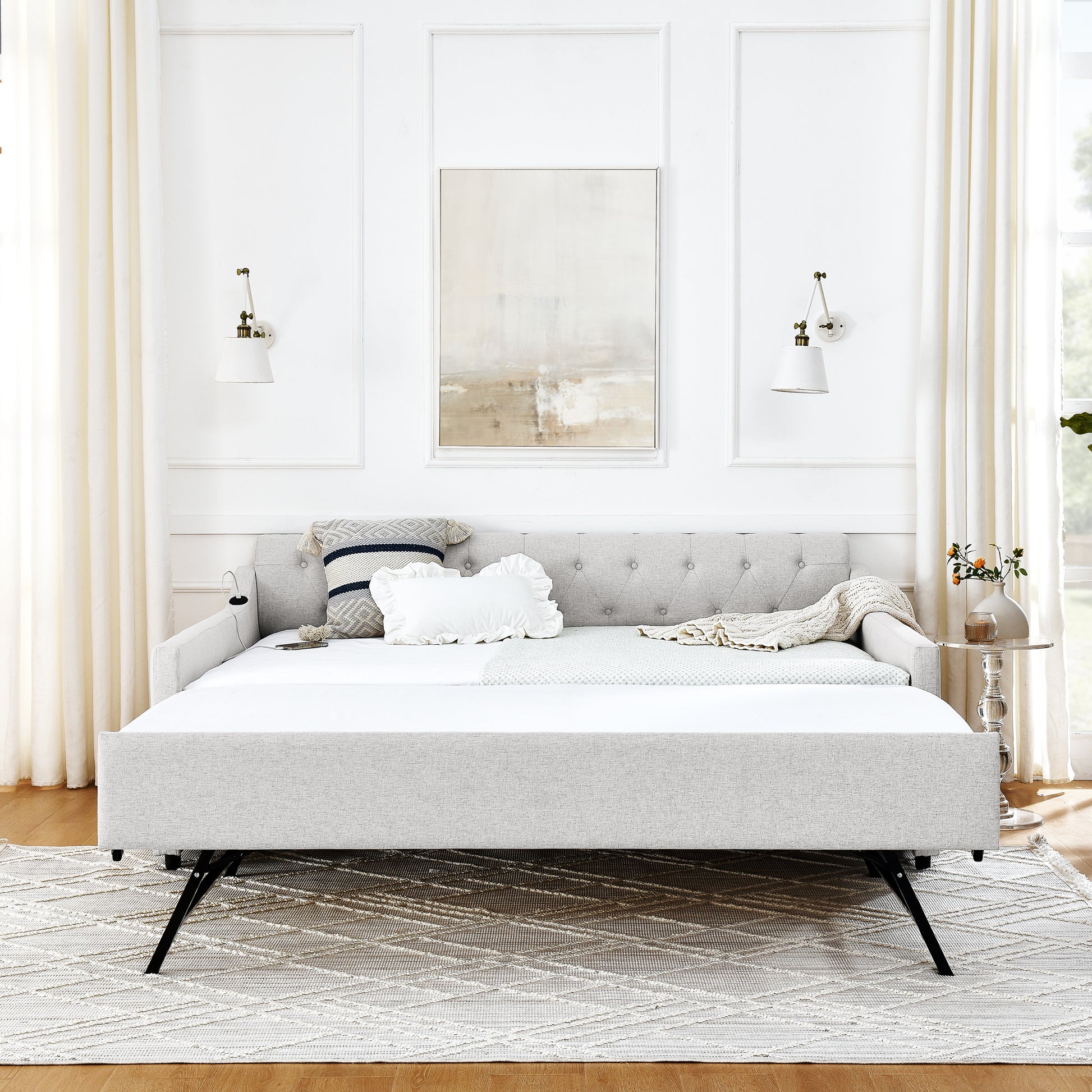 Full Size Upholstery Daybed With Twin Size Erectable Trundle And Usb Charging Design, Linen Beige Box Spring Not Required Full Beige Bedroom Linen Linen