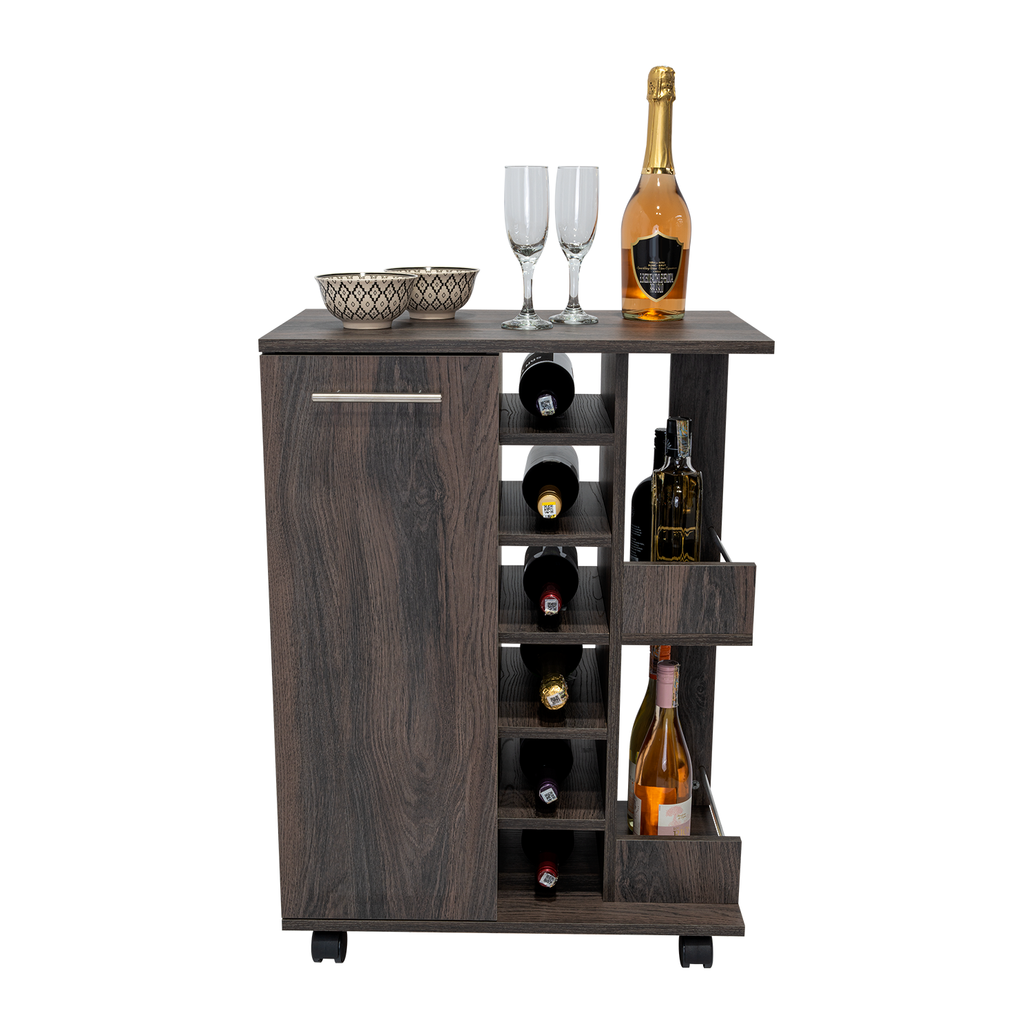 Bar Cart, Two External Shelves, Four Casters, Six Built In Wine Rack, Single Door Cabinet Espresso Brown Primary Living Space Particle Board Particle Board