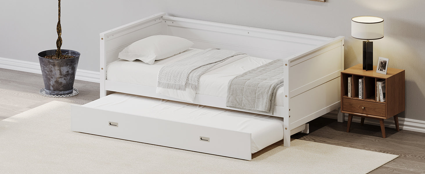 Twin Size Solid Wood Daybed With Trundle For Kids Teens Dorm Bedroom Multipurpose Guest Room Or Home, White Box Spring Not Required Twin White Wood Bedroom Pine Wood