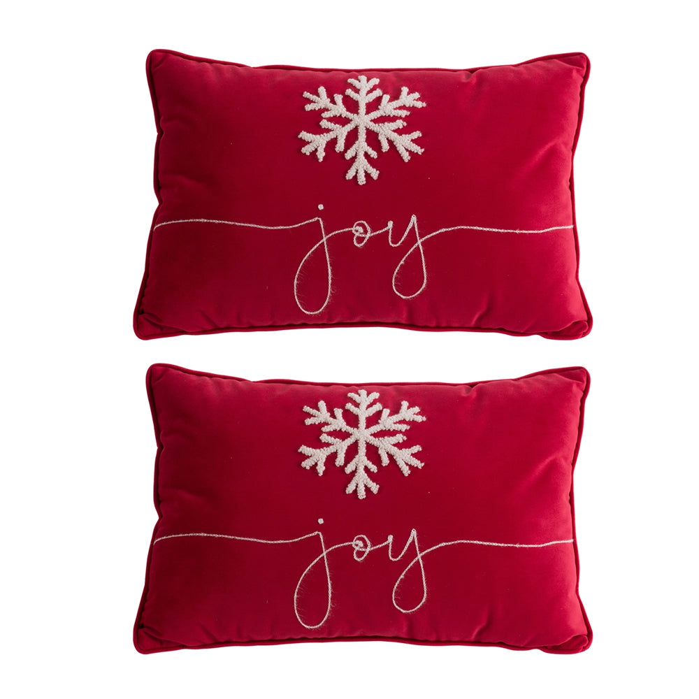 Set Of 2, 18X12" Red Velvet Pillow With Embroidered Joy And Frosty Snowflake, For Christmas Halloween Holiday Decor Red,White Acrylic,Polyester