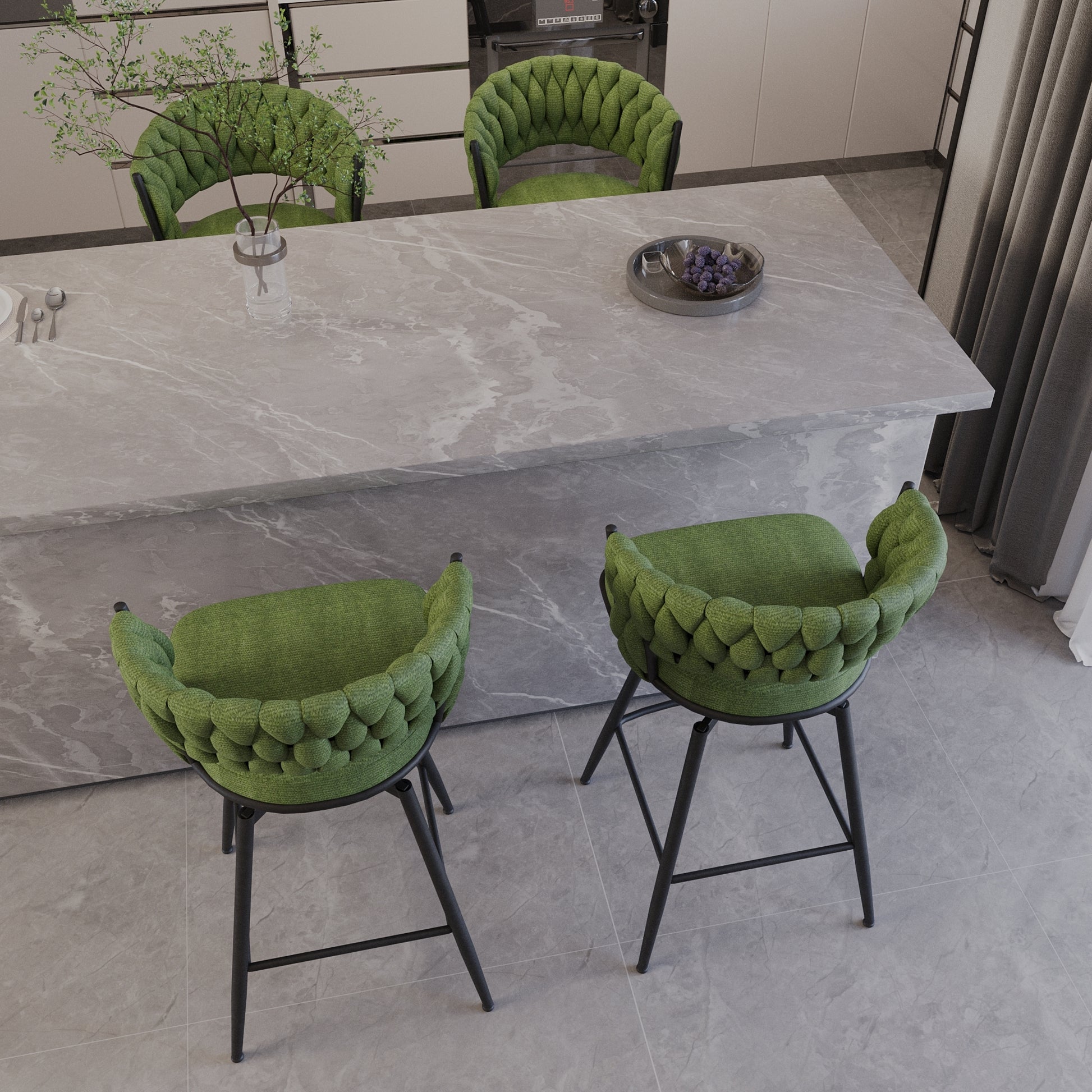 Bar Chair Suede Woven Bar Stool Set Of 4,Black Legs Barstools No Adjustable Kitchen Island Chairs,360 Swivel Bar Stools Upholstered Bar Chair Counter Stool Arm Chairs With Back Footrest, Green Metal Green Kitchen Dining Chairs Foam Technical Leather
