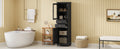 Tall Bathroom Storage Cabinet With Glass Doors, Free Standing, Two Drawers, And Adjustable Shelves, Mdf Board, Painted Black Perfect For Displaying Your Favorite Items 2 Black 2 4 Adjustable Shelves Bathroom Freestanding Partice Board Mdf Pine Wood