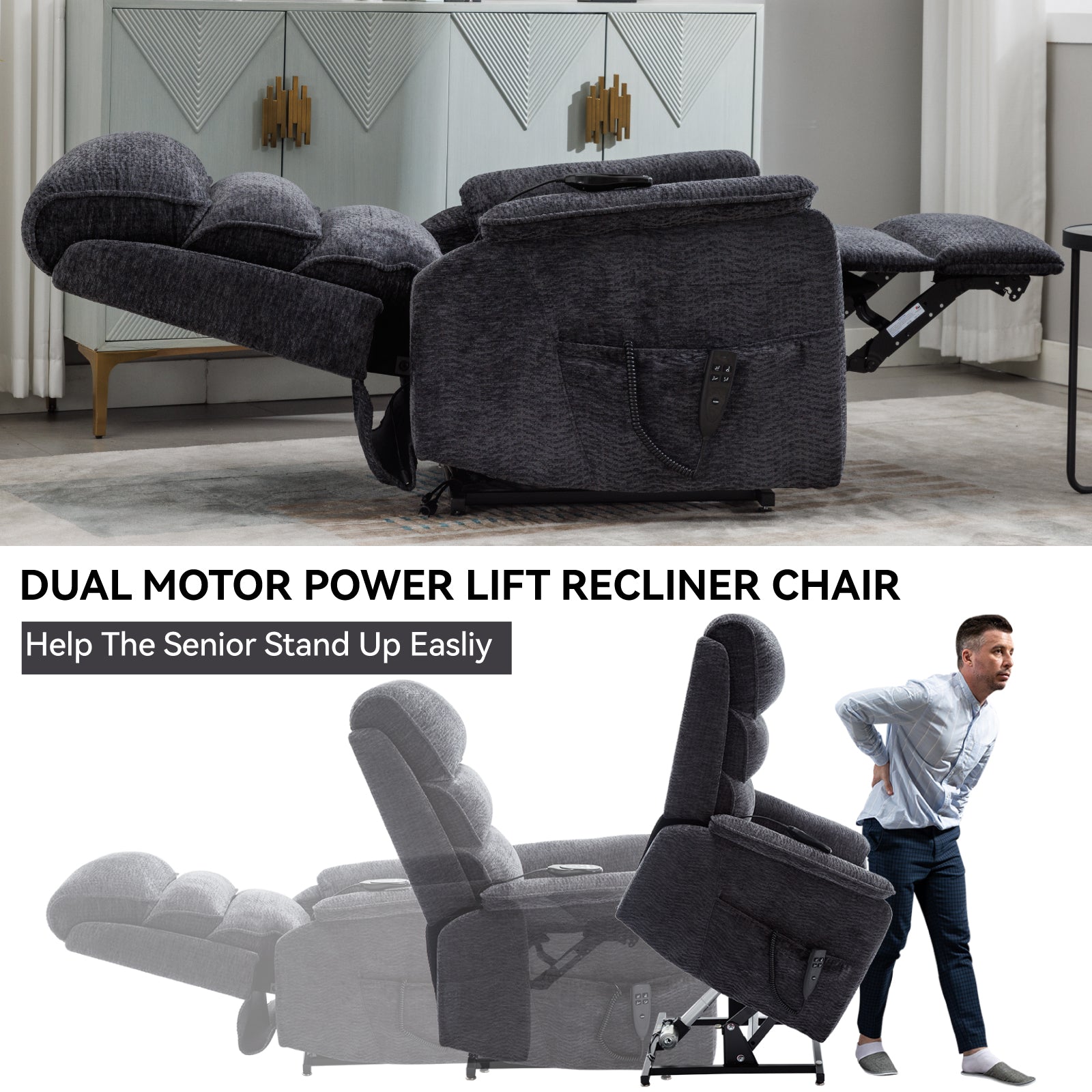 Grey Chenille Dual Motor Infinite Position Up To 350 Lbs Power Lift Recliner Chair With Power Remote, Heat Massage And Heavy Duty Motion Mechanism White Metal Primary Living Space Heavy Duty Push