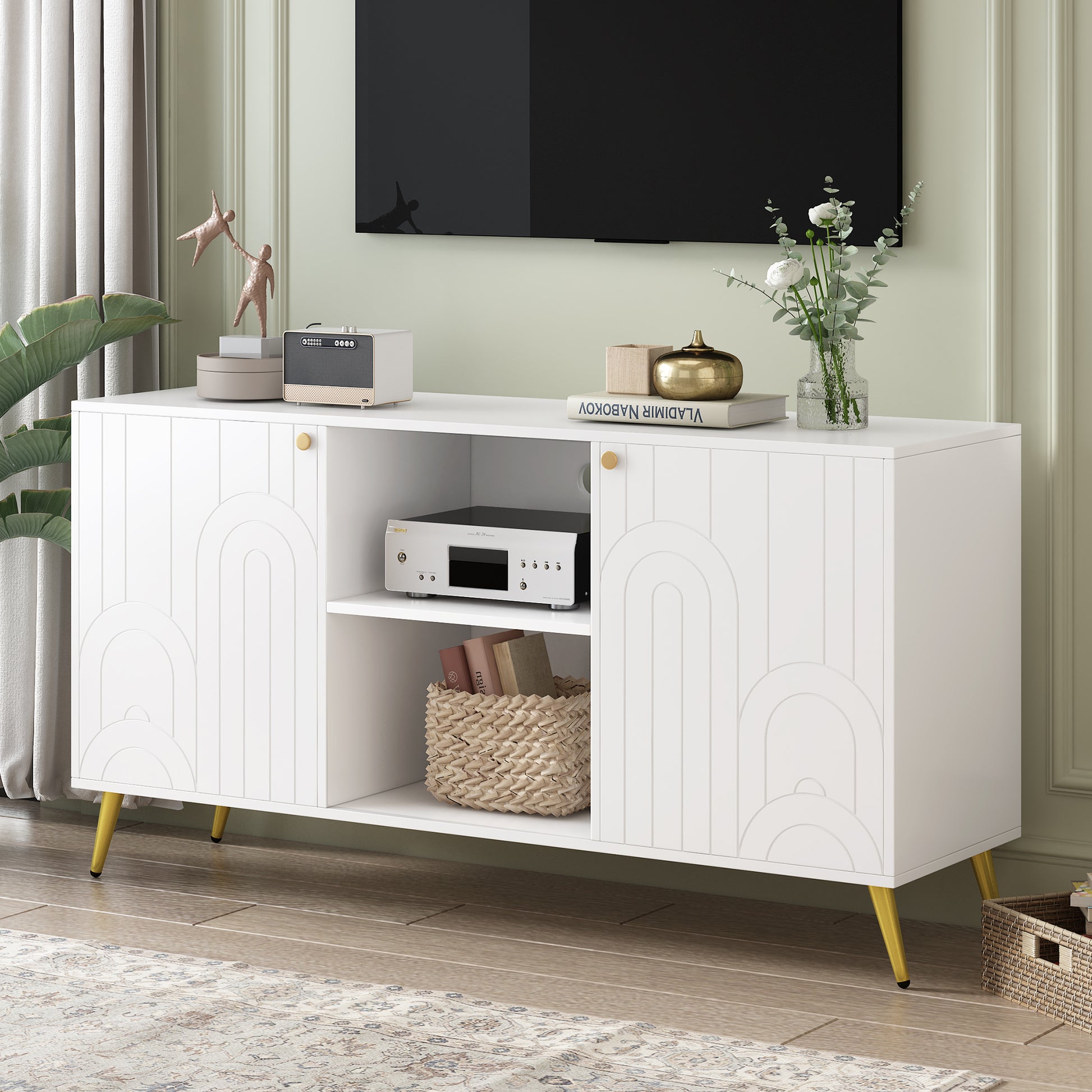 Modern Tv Stand For Tvs Up To 55 Inches, Entertainment Center Media Console,Adjustable Shelf, Metal Legs, Handles And Anti Tip Device For Living Room White 50 59 Inches Mdf