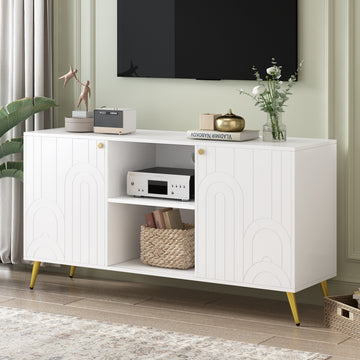 Modern Tv Stand For Tvs Up To 55 Inches, Entertainment Center Media Console,Adjustable Shelf, Metal Legs, Handles And Anti Tip Device For Living Room White 50 59 Inches Mdf