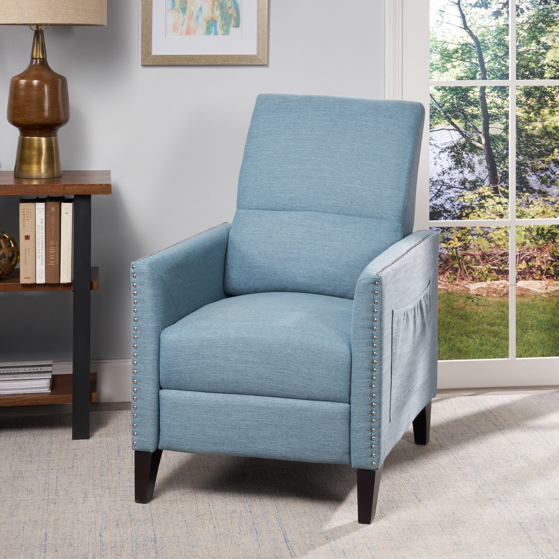 Push Back Recliner Light Blue Fabric