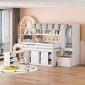 Full Size Wooden Loft Bed Big Storage With Under Bed Desk, With Drawers, With Shelves, White Full White Plywood