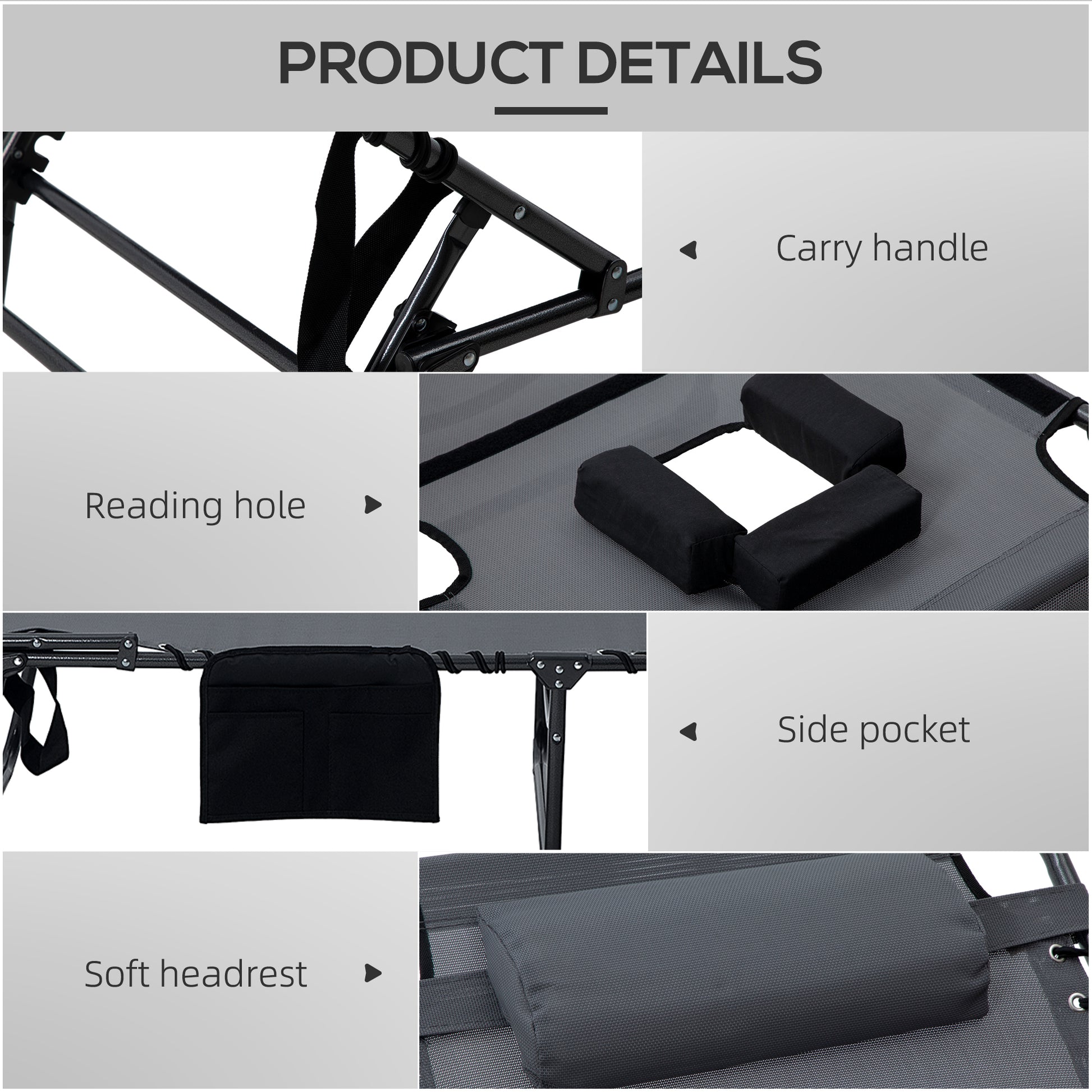 Outsunny 2 Piece Folding Chaise Lounge With 5 Level Reclining Back, Outdoor Tanning Chair With Reading Face Hole, Outdoor Lounge Chair With Side Pocket & Headrest For Beach, Yard, Patio, Gray Gray Steel