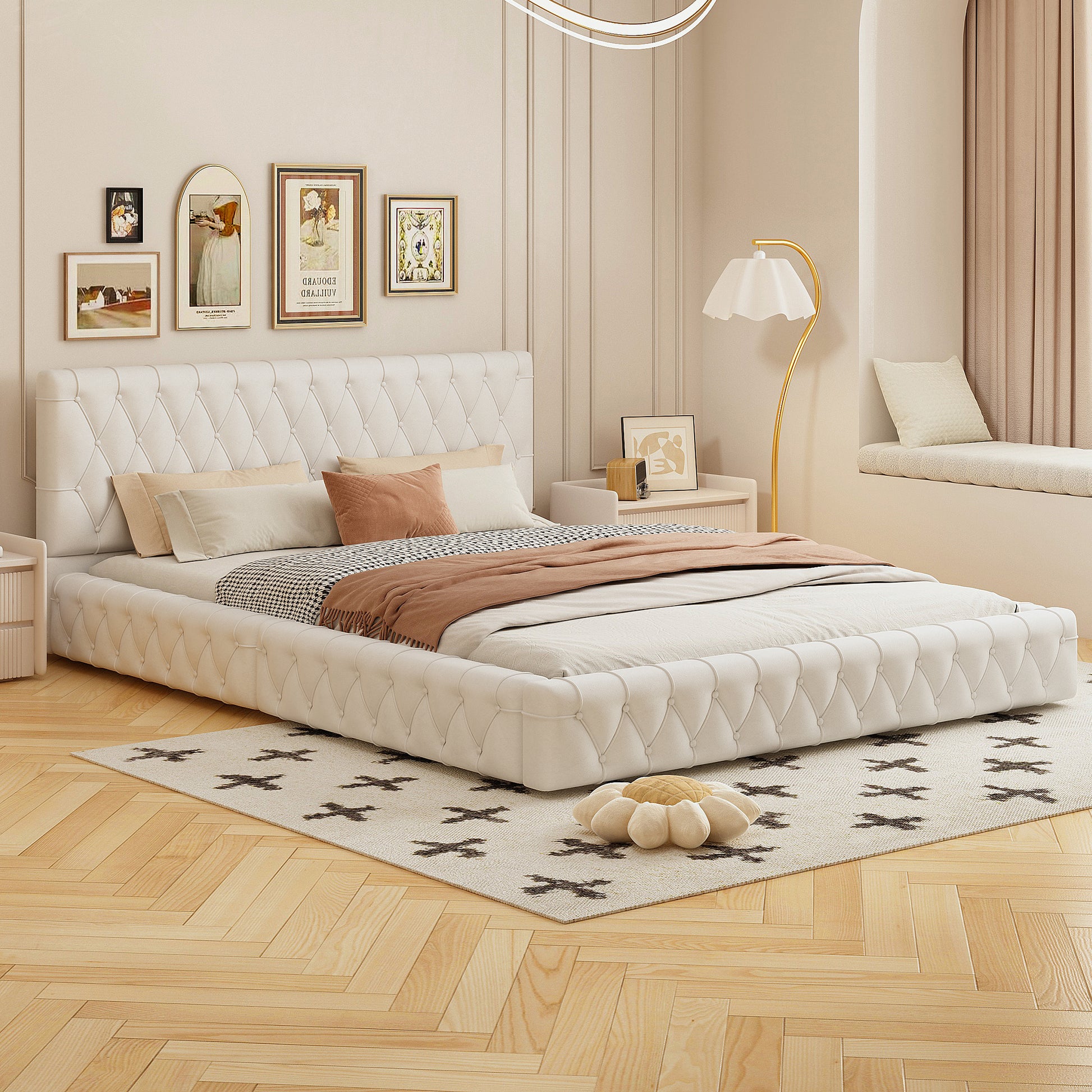 Queen Size Upholstered Bed With Tufted Headboard, Modern Velvet Platform Bedno Box Spring Required, White Queen White Solid Wood Mdf