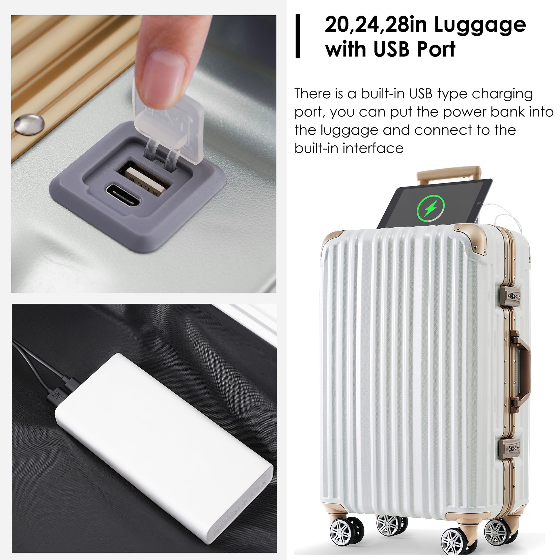 1Pc 28In Aluminum Frame Luggage With Usb Port, Vacation Carry On Suitcase With Spinner Wheels And Tsa Lock, Travel Trolley Case For Short Business Trips, Beach Holidays, Moonlight Gloss White Abs Pc