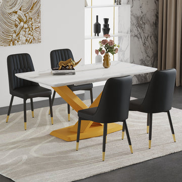 Table And Chair Set.The Table Is Equipped With A Marble Patterned Mdf Tabletop And Gold Table Legs.Paired With 4 Chairs With Pu Cushions And Black Metal Legs. Black Gold Seats 4 Mdf Metal