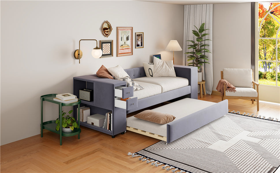 Twin Upholstered Bed With Storage And Twin Trundle, Usb Charging Ports, French Velvet, Gray Twin Gray Velvet