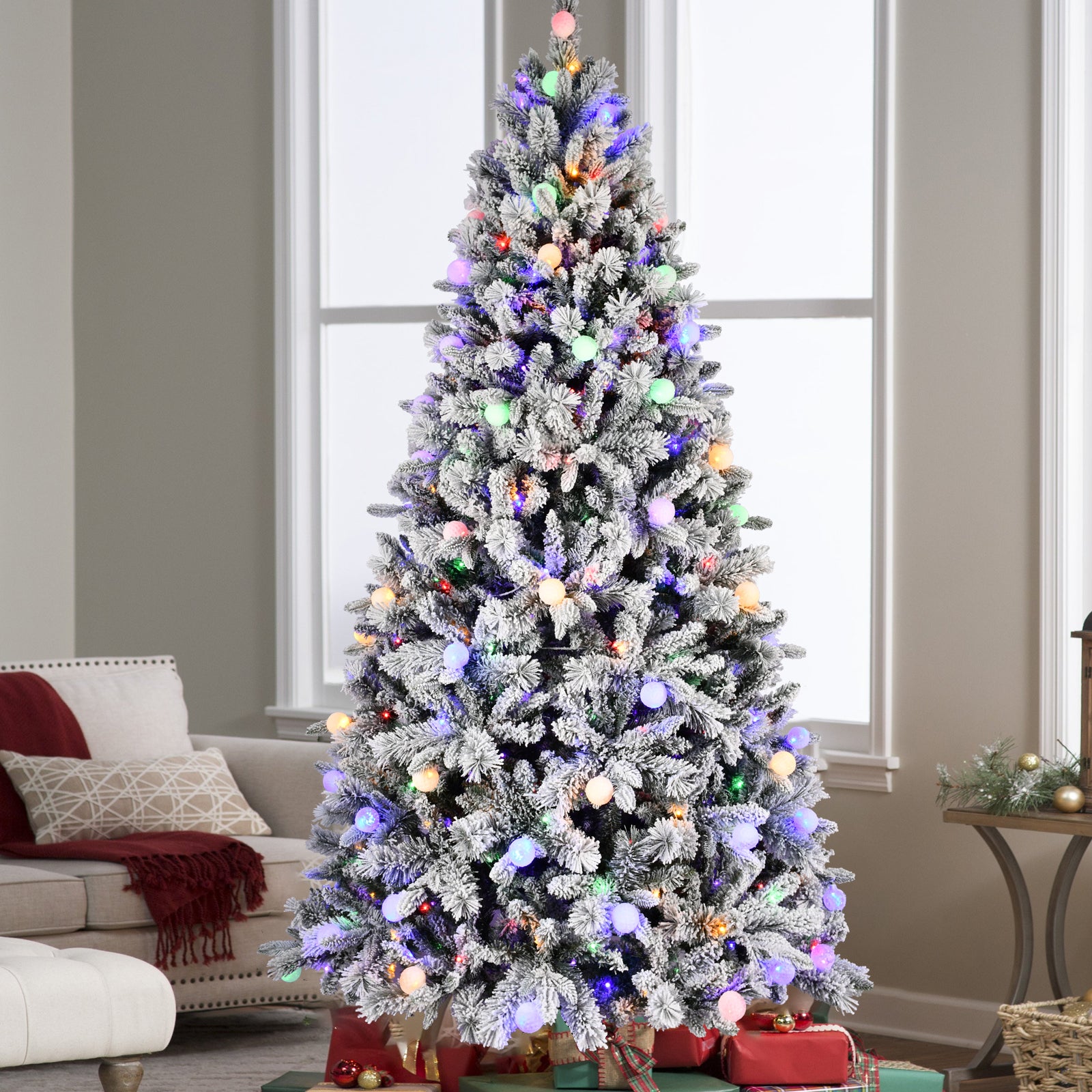 8Ft Pe Pvc Floceked Christmas Tree With Easy Power & Memory Wire Technology, 470 Dual Color Leds With 10 Function, G45 Bulbs, And 1793 Tipsinnovative Holiday Experience Green,White Polyethylene