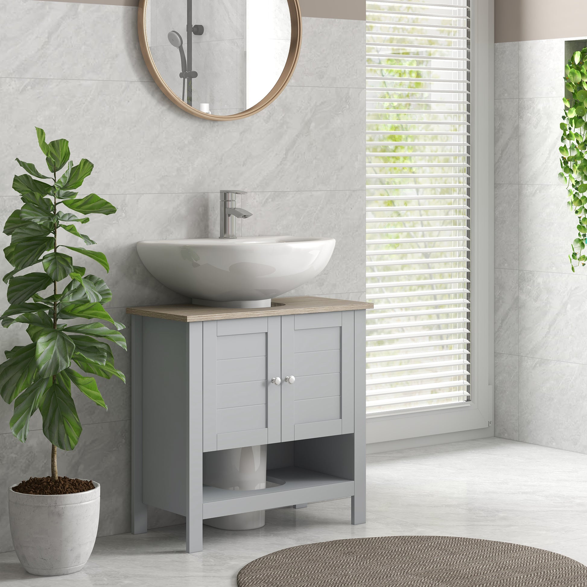 Kleankin Pedestal Sink Storage Cabinet, Under Sink Cabinet, Bathroom Vanity Cabinet With Adjustable Shelf And Open Bottom Shelf, Gray Grey Mdf