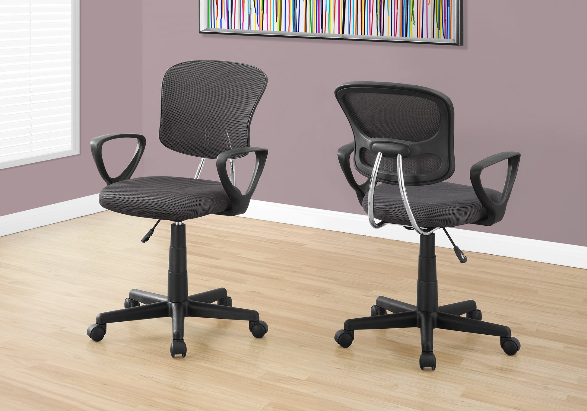 Office Chair, Adjustable Height, Swivel, Ergonomic, Armrests, Computer Desk, Work, Juvenile, Grey Mesh, Black Metal, Contemporary, Modern Grey Foam Polyester