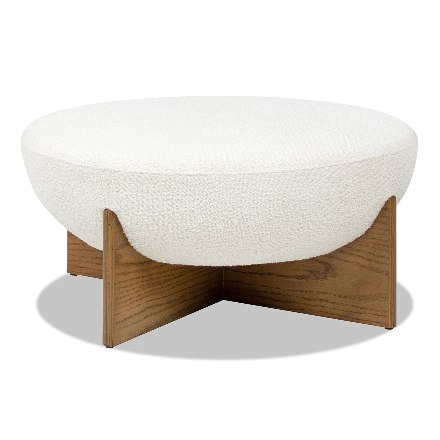 Bali 37" Round Upholstered Cocktail Ottoman With Natural Wood Base, Ivory White Boucle White Foam Boucle