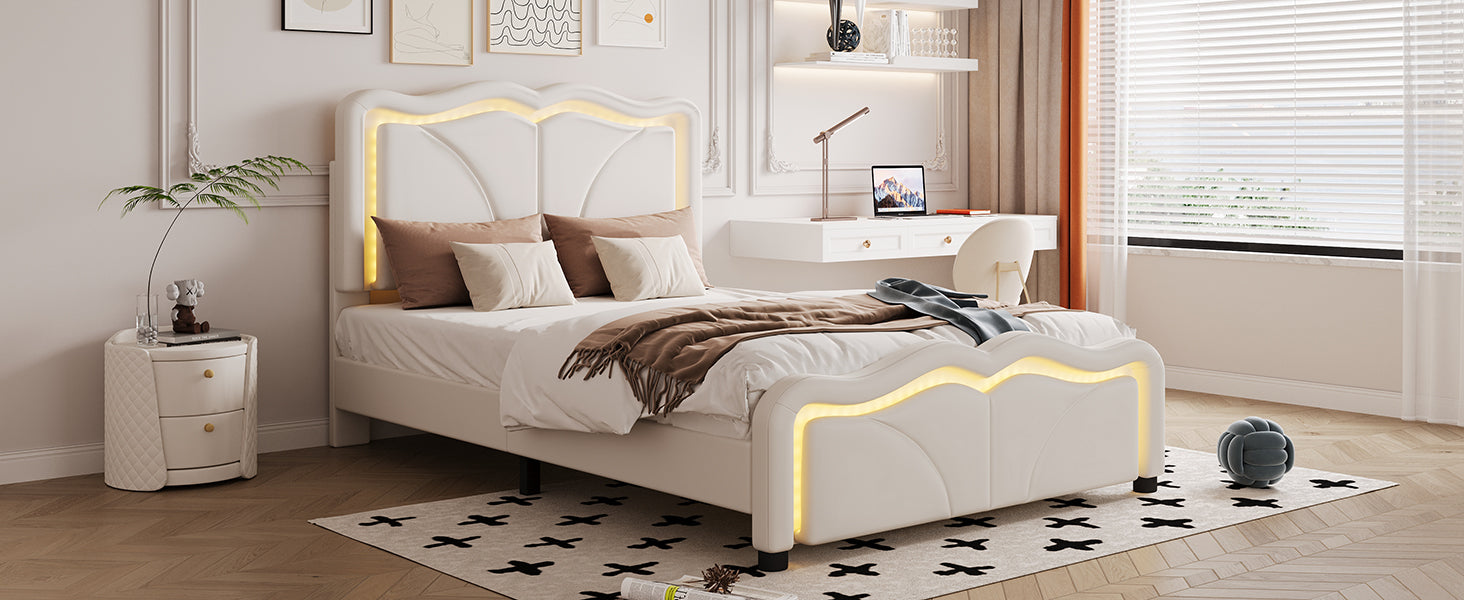 Twin Size Upholstered Platform Bed With Curve Shaped And Height Adjustbale Headboard,Led Light Strips,White Twin White Upholstered