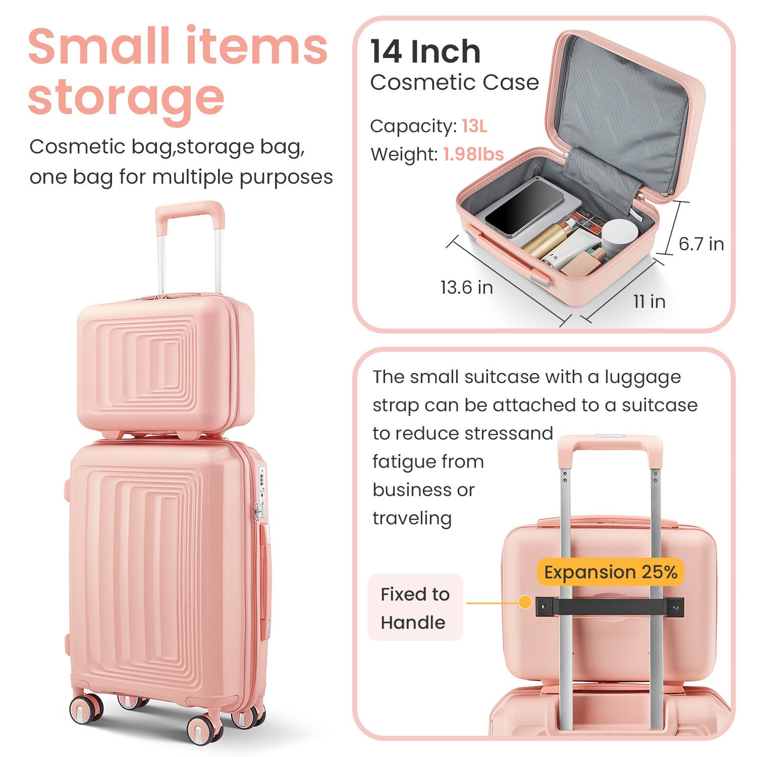 Luggage 4 Piece Sets 14 20 24 28 , Hard Shell Lightweight Tsa Lock Carry On Expandable Suitcase With Spinner Wheels Travel Set For Men Women Pink Polypropylene