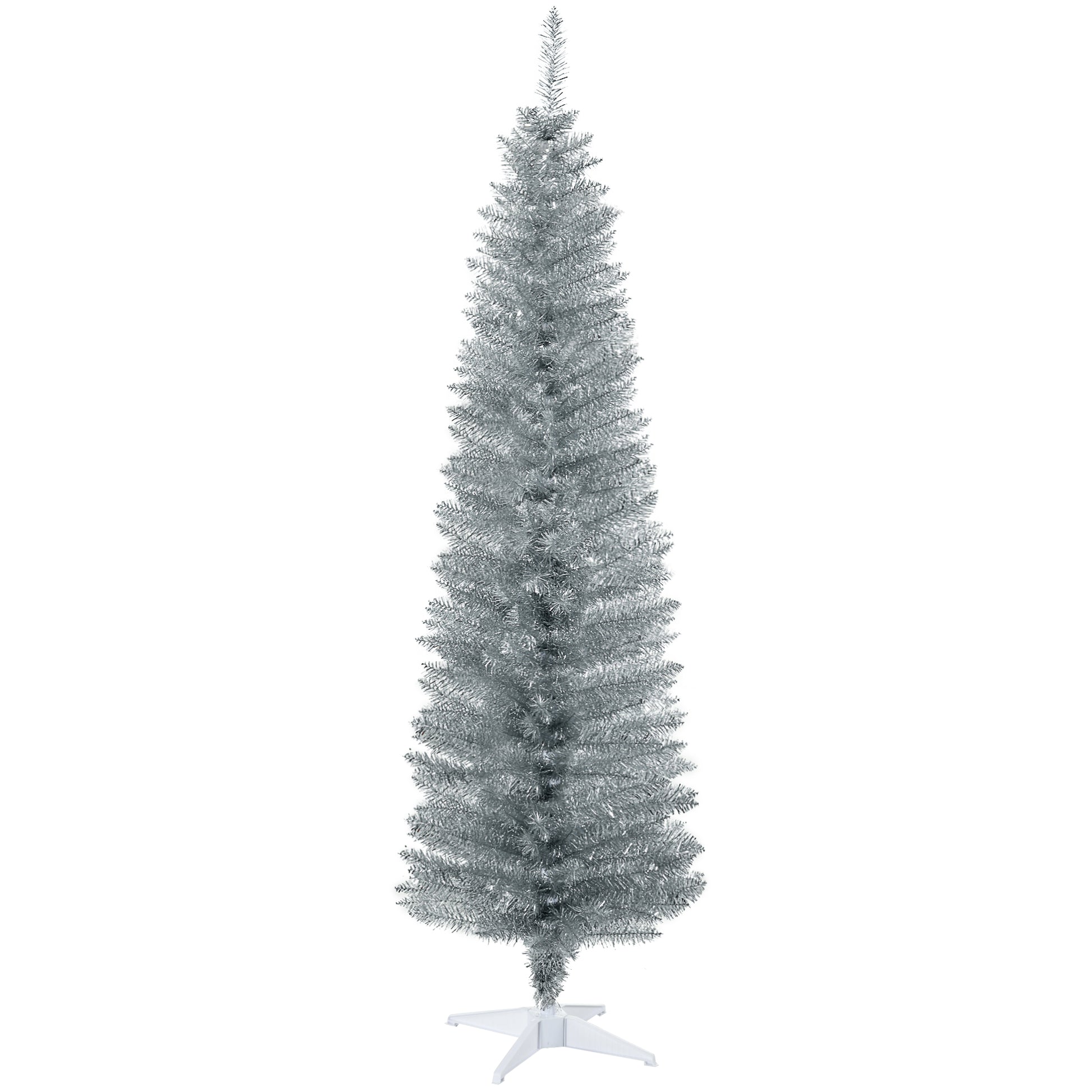 Homcom 6' Artificial Pencil Christmas Tree, Slim Xmas Tree With 390 Realistic Branch Tips And Plastic Stand, Silver Silver Plastic