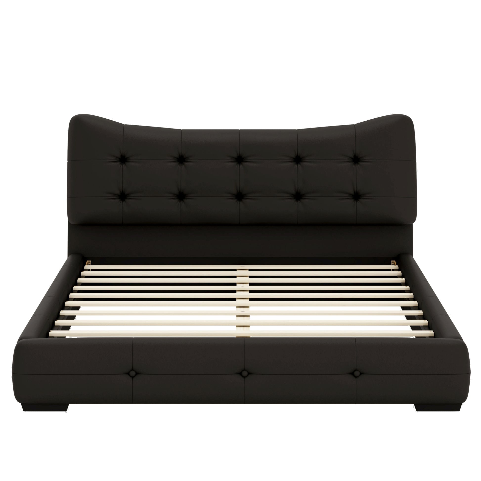 Modern Pu Upholstered Queen Bed With Ergonomic Wingback Headboard, No Box Spring Needed, Black Box Spring Not Required Queen Black Composite Bedroom Contemporary Bed Frame Pu,Upholstered