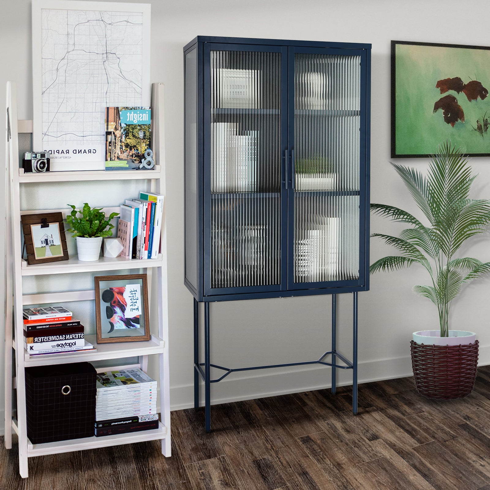 Elegant Floor Cabinet With 2 Glass Doors Living Room Display Cabinet With Adjustable Shelves Anti Tip Dust Free Easy Assembly Blue Color Old Sku:W68766570 Blue Steel