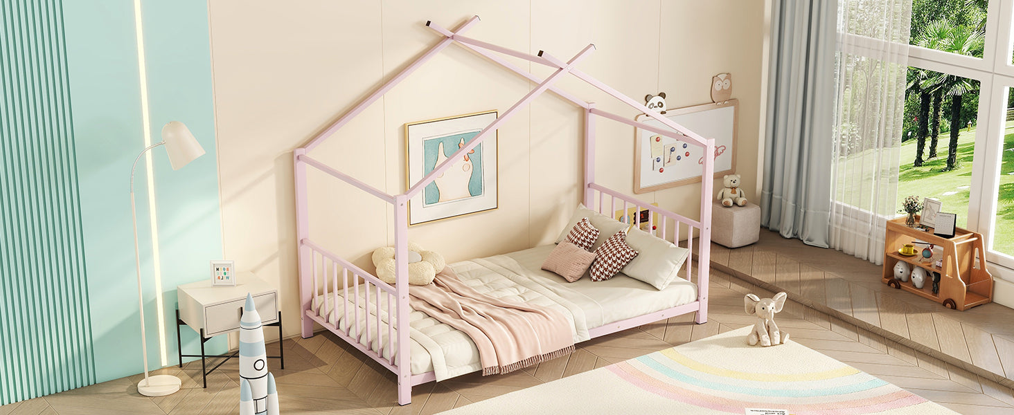 Twin Size Metal House Platform Bed, Pink Box Spring Not Required Twin Pink Metal Bedroom Bed Frame Metal