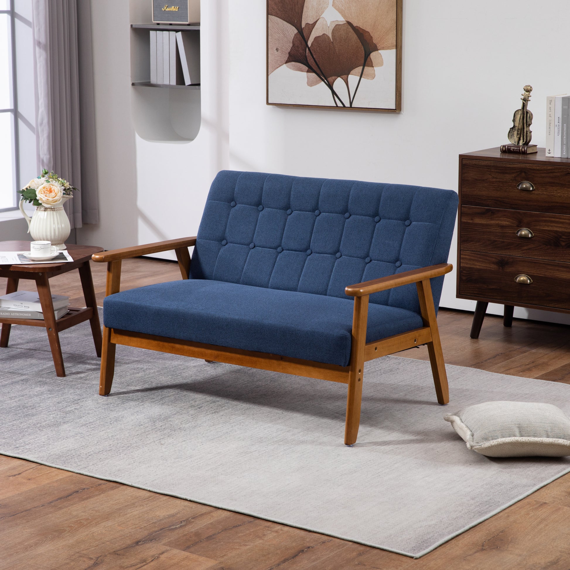 Coolmore Mid Century Modern Solid Loveseat Sofa Upholstered Linen Loveseat, 2 Seat Upholstered Loveseat Sofa Modern Couch Navy Linen 2 Seat