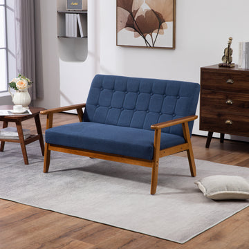 Coolmore Mid Century Modern Solid Loveseat Sofa Upholstered Linen Loveseat, 2 Seat Upholstered Loveseat Sofa Modern Couch Navy Linen 2 Seat