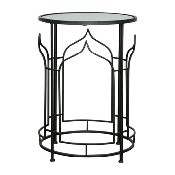 23 Inch Modern Side Table, Glass Top, Geometric Design, Set Of 2, Black Black Glass Metal