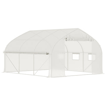 Outsunny 11.5' X 10' X 6.5' Walk In Tunnel Greenhouse, Green House With Zippered Mesh Door, 7 Mesh Windows & Roll Up Sidewalls, Upgraded Gardening Plant Hot House With Galvanized Steel Hoops, White