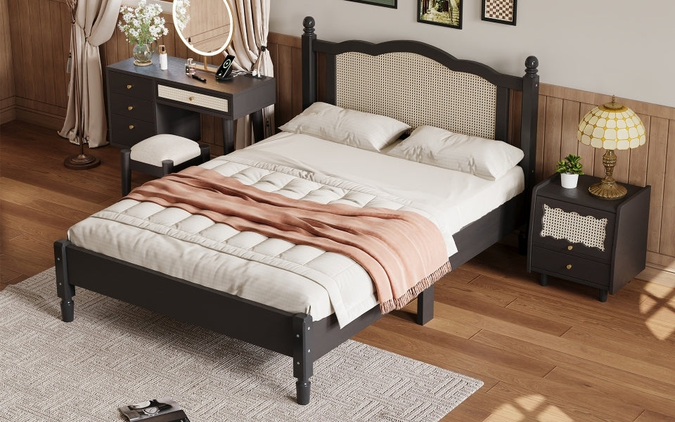 Full Size Wooden Platform Bed With Natural Rattan Headboard, Vintage Bed Frame With Wooden Slat Support, Black Expected Arrival Time: 08.23 Box Spring Not Required Full Black Wood