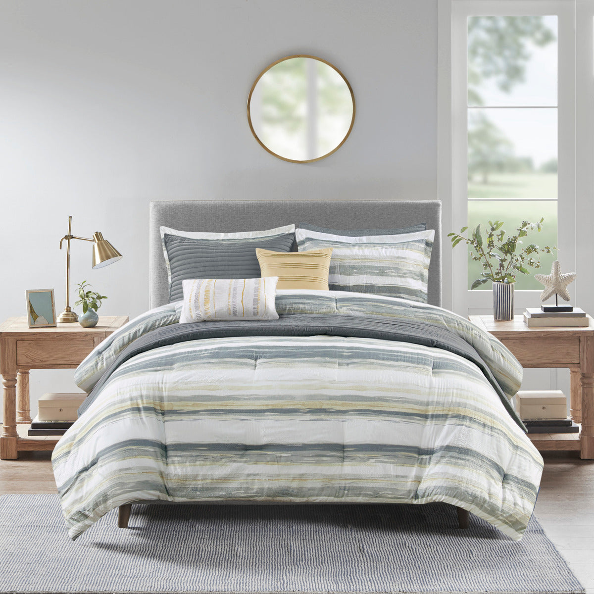 8 Piece Printed Seersucker Comforter And Quilt Set Collection Yellow Full Queen Full Yellow Polyester