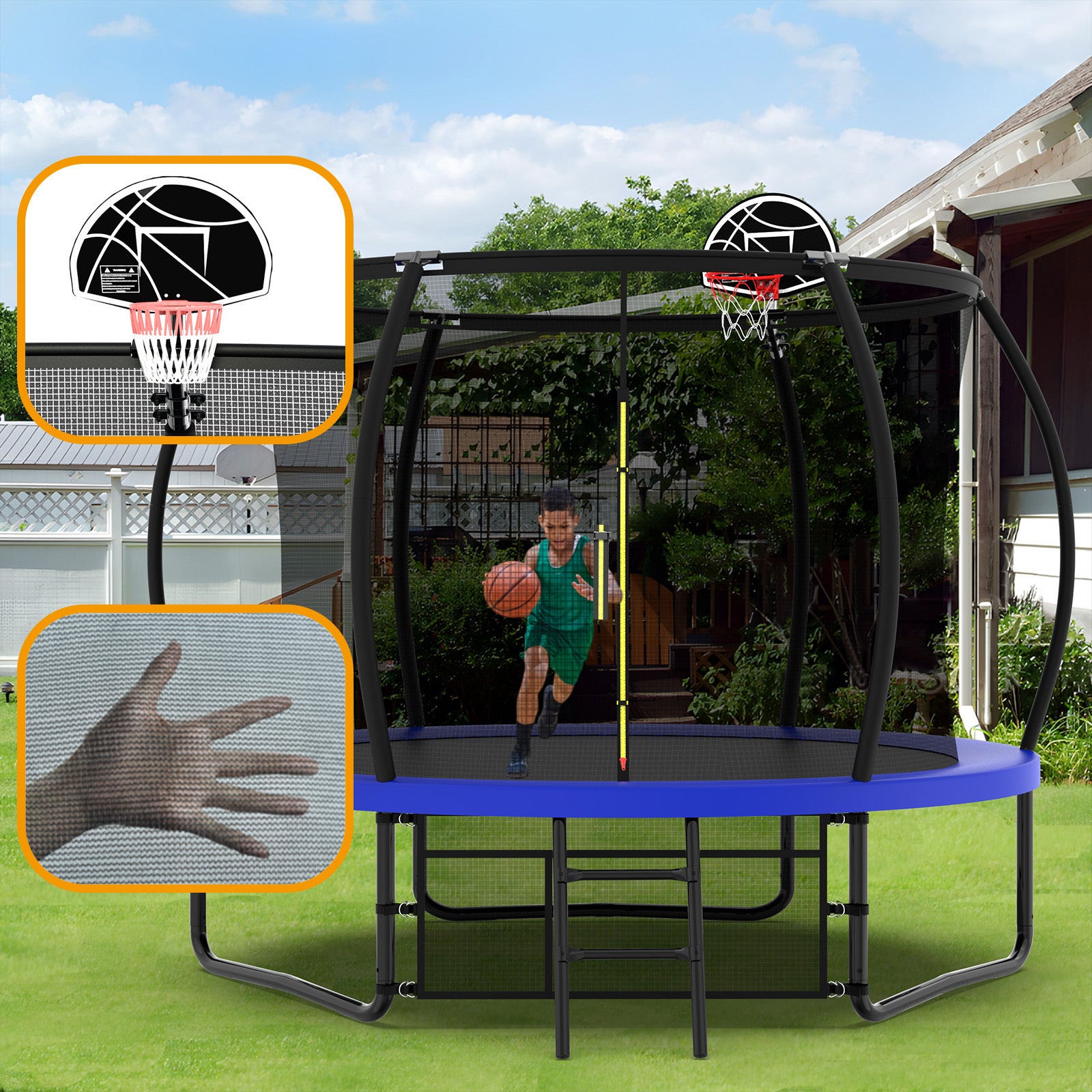 10Ft Pumpkin Trampoline, Outdoor Trampoline With Basketball Hoop, Enclosure Net And Ladder Blue Steel