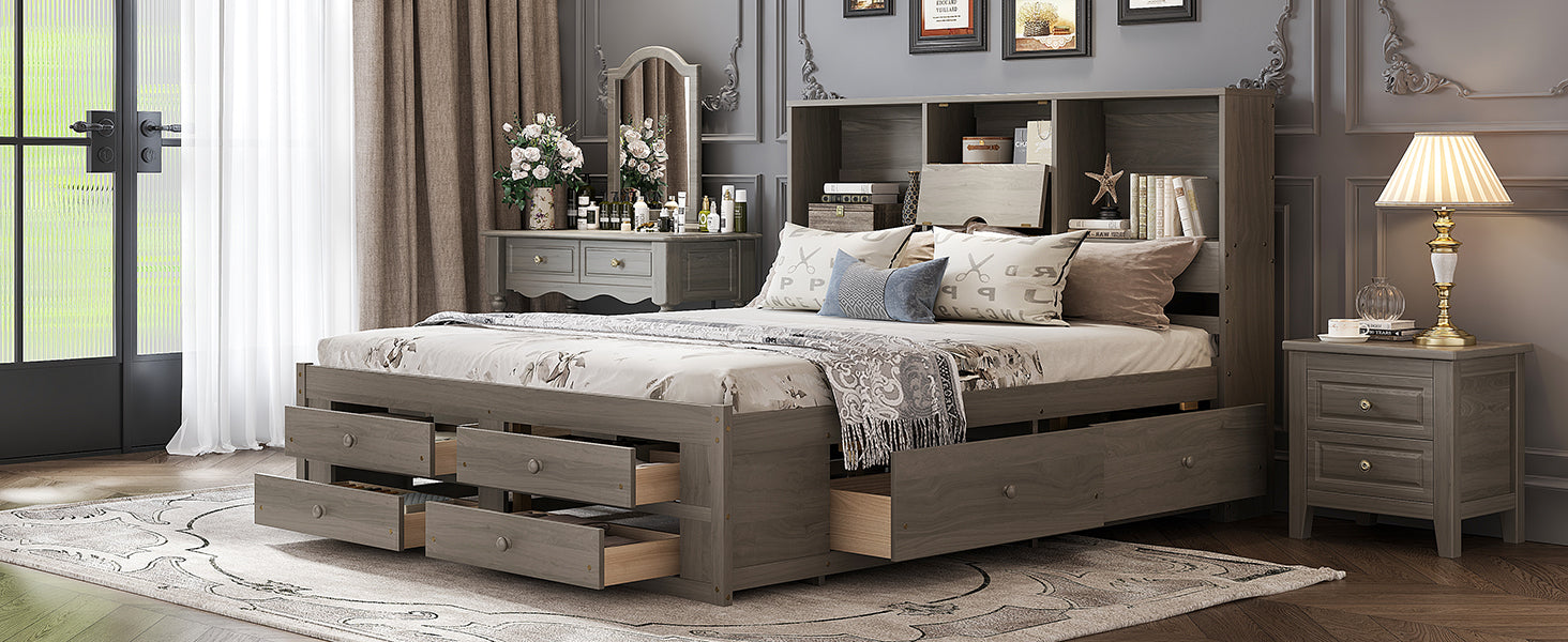 King Size Platform Bed With Storage Headboard And 8 Drawers, Gray Box Spring Not Required King Gray Wood Bedroom Bed Frame Solid Wood Mdf