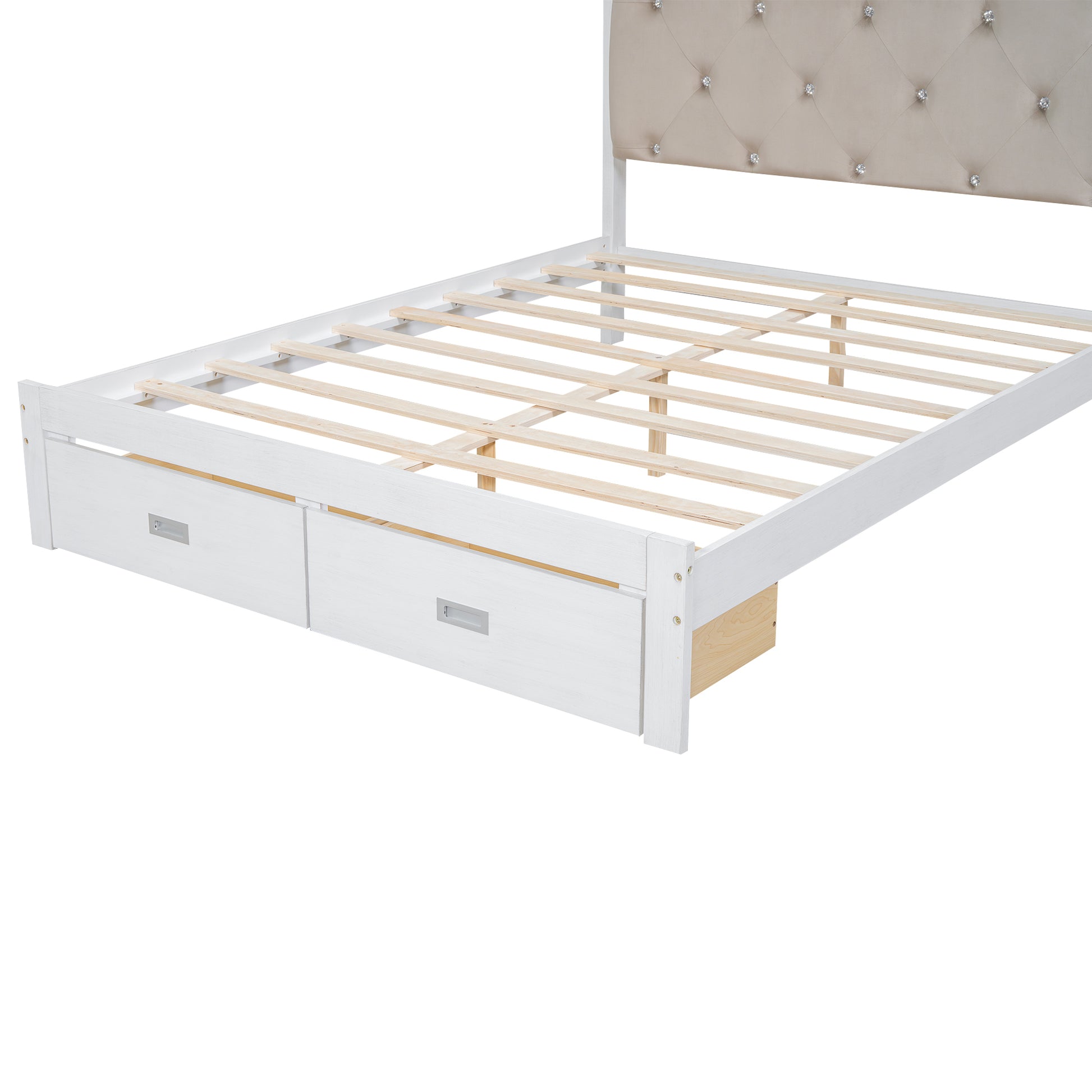 Wood Queen Size Platform Bed With Upholstered Headboard And Led And 2 Drawers, Antique White Box Spring Not Required Queen Antique White Wood Bed Frame Solid Wood Mdf