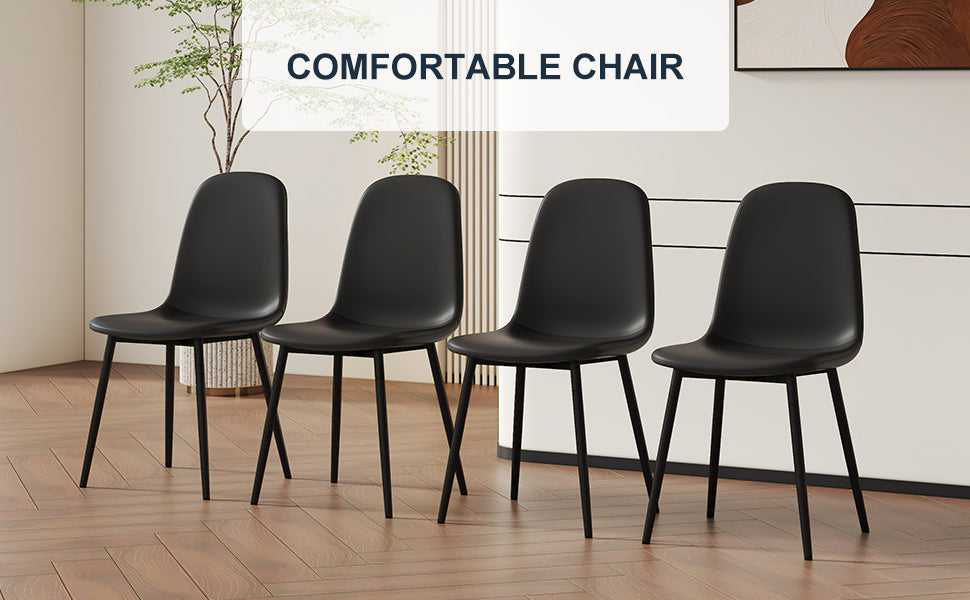 Modern Minimalist Black Dining Chair Set Four Chairs Per Box, Stable And Comfortable.Modern Mid Century Style Upholstered Side Chairs,Spoon Shaped Chairs With Black Metal Legs. Black Metal,Pu
