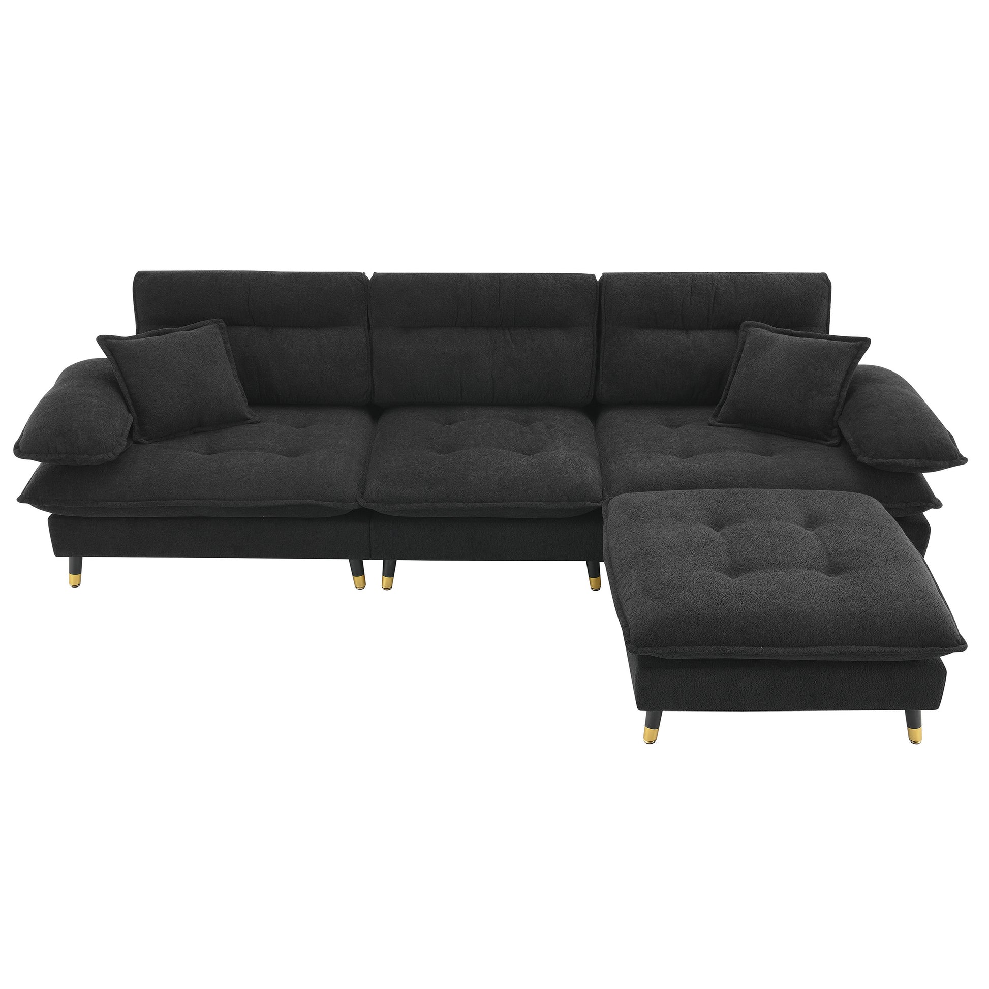 106*66.5" L Shaped Convertible Sectional Sofa,4 Seat Tufted Couch Set With Two Tone Adjust Legs,Cloud Chenille Fabric,Movable Ottoman For Living Room, Apartment,Office,3 Colors Black Chenille 4 Seat