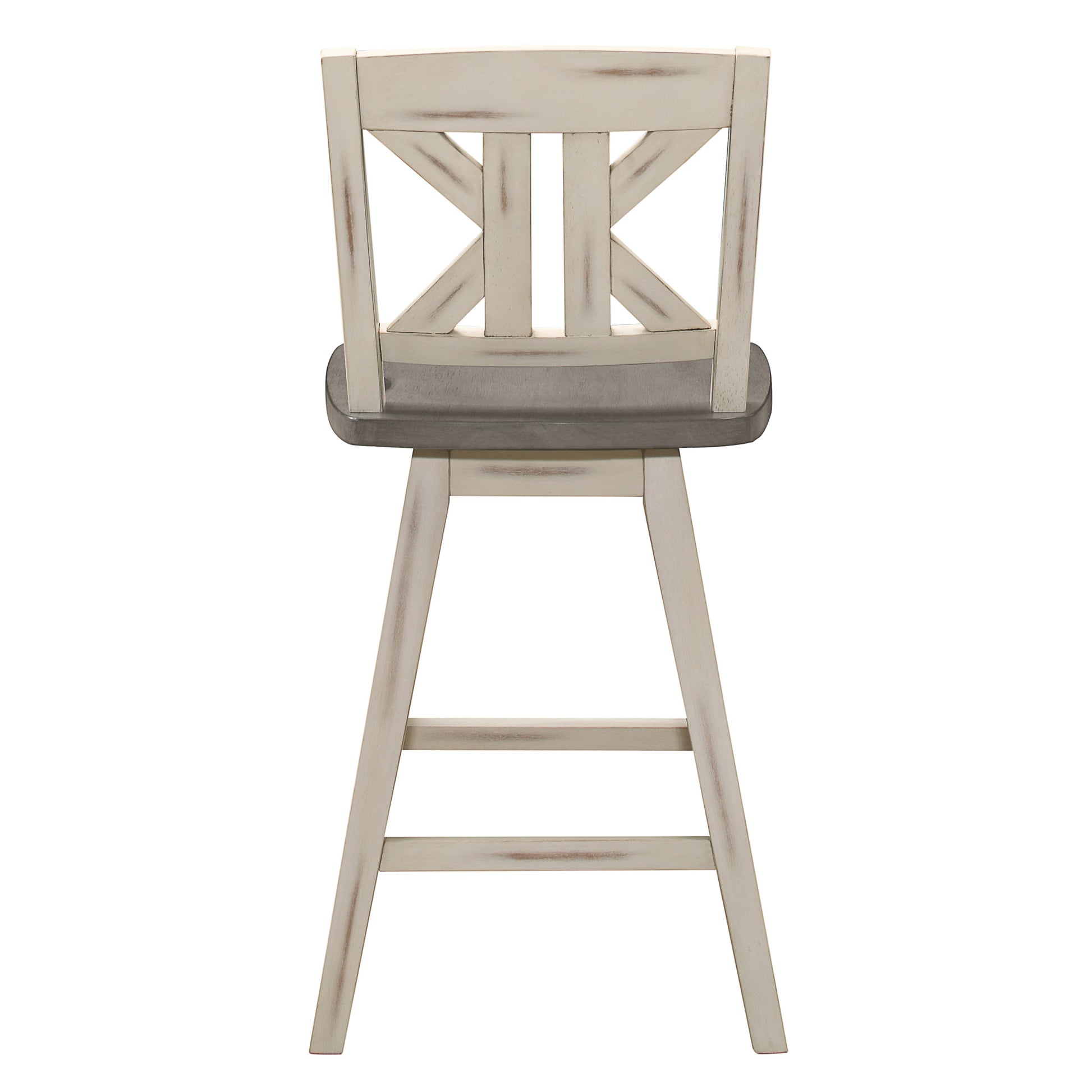 Pub Height Chairs Set Of 2, Distressed Gray And White 360 Degree Swivel Chair Solid Rubberwood Furniture, Divided X Back Bar Chairs White Gray Dining Room Rustic Solid Wood