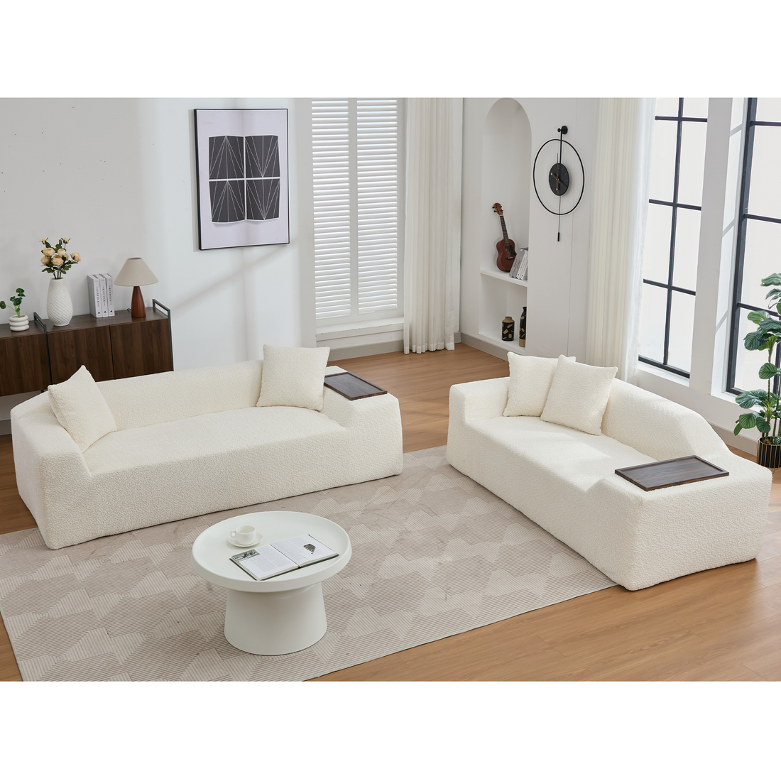 Arrived 2 Piece Boucle Cloud Sofa Set, Upholstered Sofa Set, Modern 3 Seater And 2 Seater Sofa With Mdf End Table For Living Room ,Apartment,3 2 Couch,Boucle,Beige Beige Polyester Primary Living Space Soft Tight Back Modern Square Arms Foam Upholstered 5