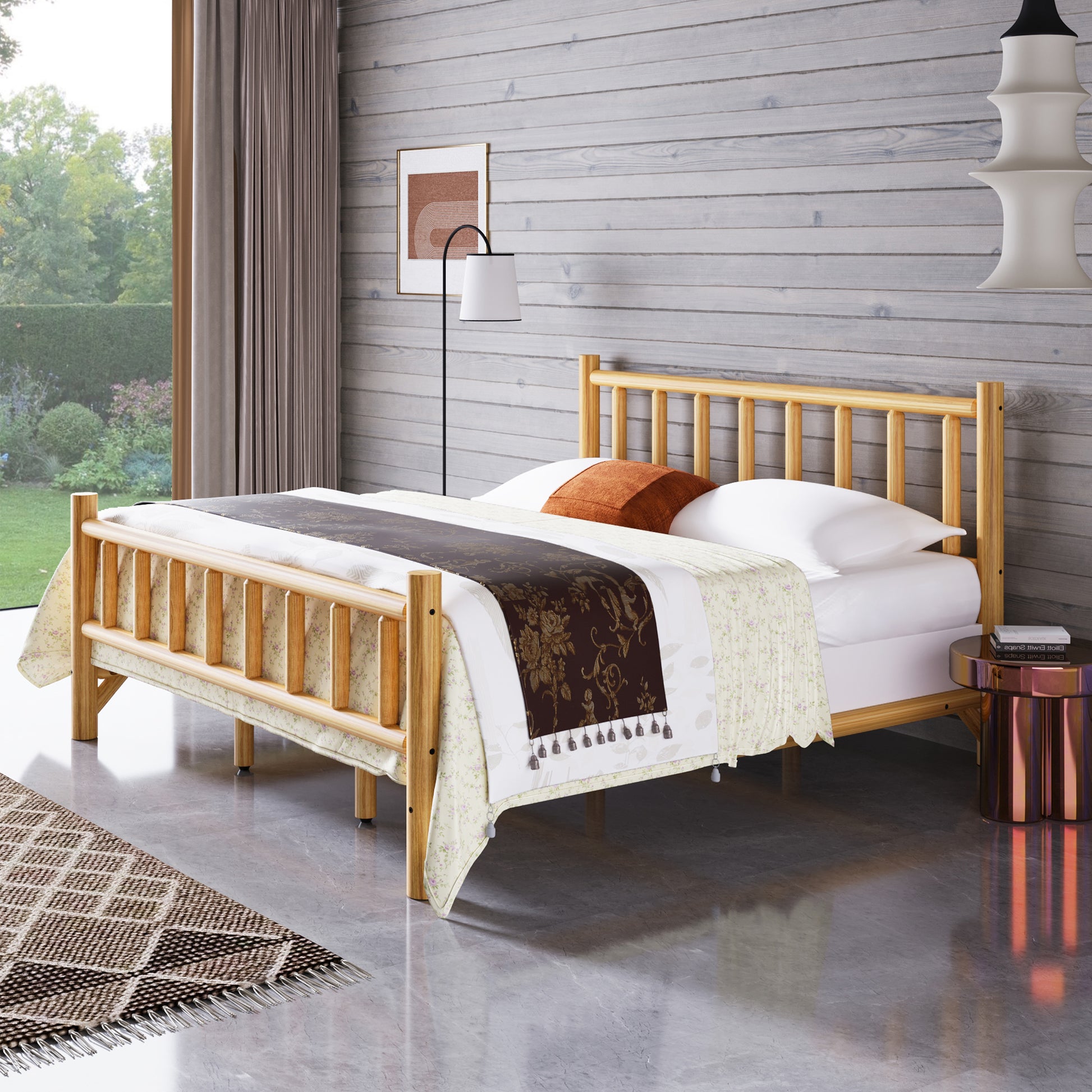Farmhouse Log Bed Frame King Rustic Style Pure Solid Pine Cylinder Construction Bed Fits Mattresses And Box Springs, Natural Finish King Natural Pine