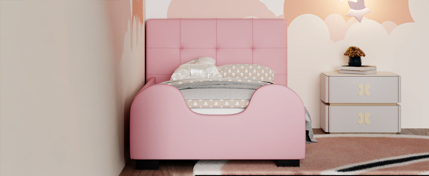 Twin Size Upholstered Platform Bed With Guardrail, Pink Box Spring Not Required Twin Pink Wood Faux Leather Upholstered