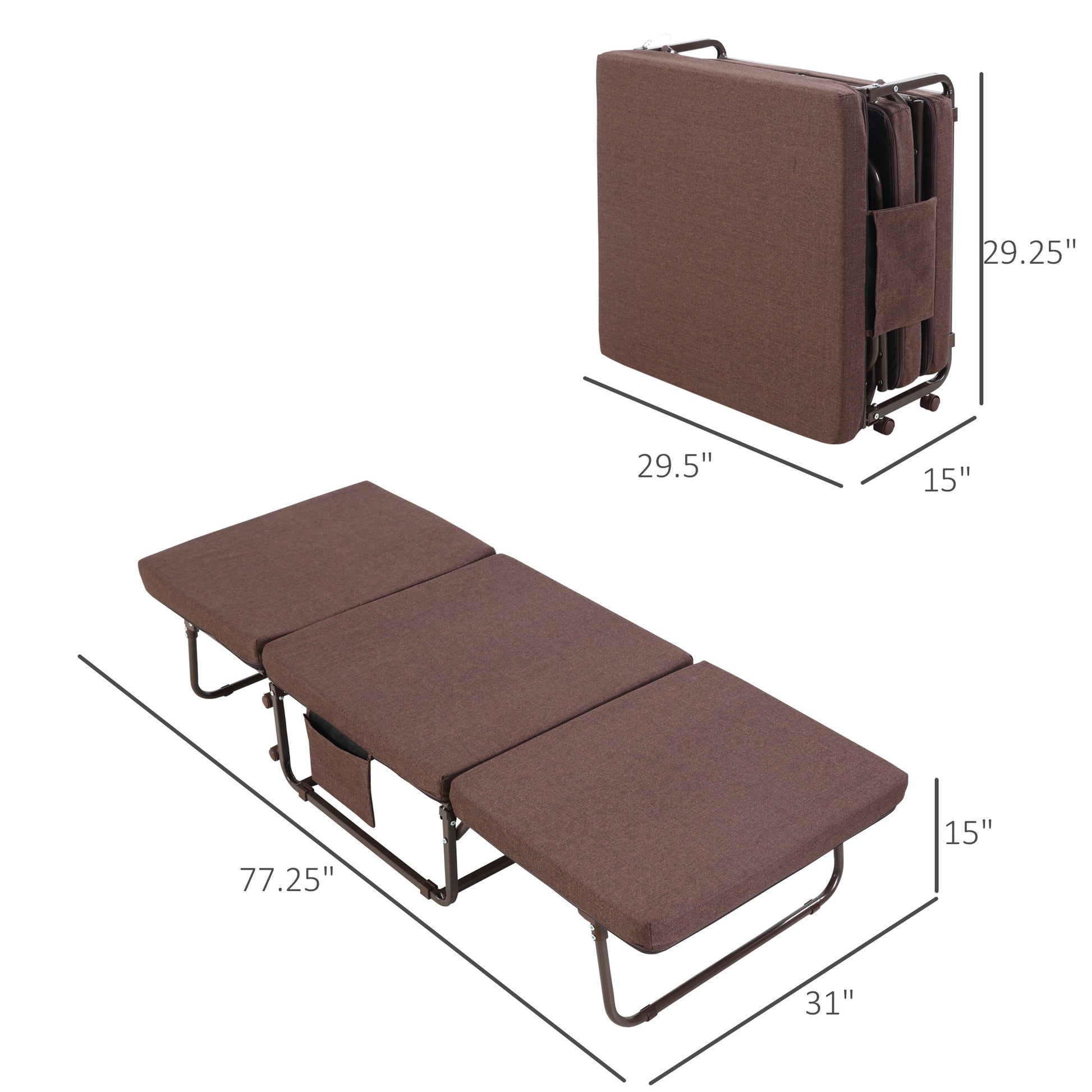 Homcom Rollaway Bed, Folding Bed With 3.25" Mattress, Portable Foldable Guest Bed With Adjustable Backrest, Steel Frame And Wheels, Brown Brown Steel