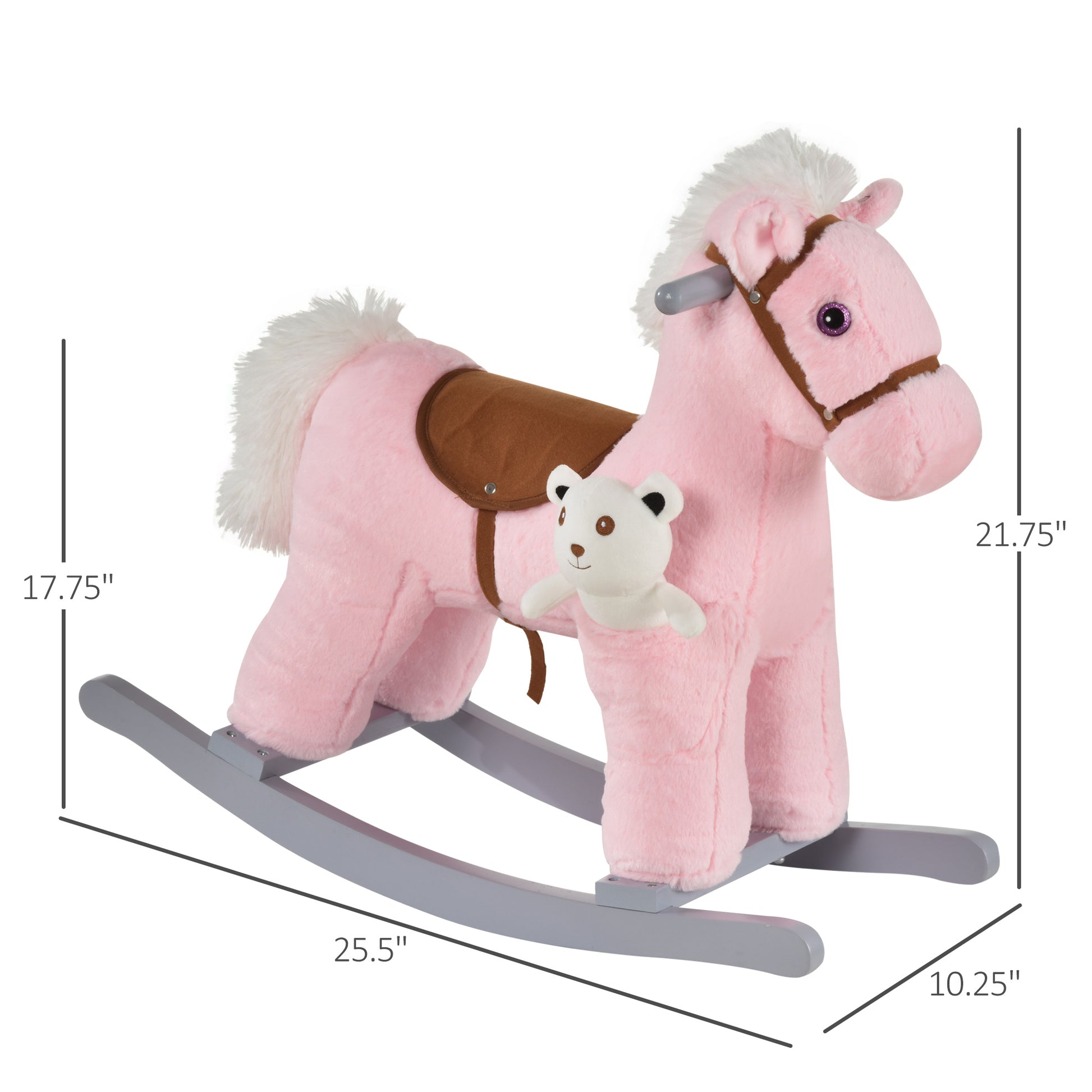 Qaba Kids Plush Ride On Rocking Horse With Bear Toy, Children Chair With Soft Plush Toy & Fun Realistic Sounds, Pink Pink Wood