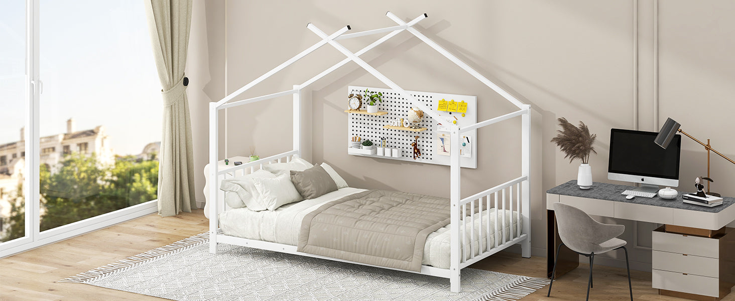 Twin Size Metal House Platform Bed, White Box Spring Not Required Twin White Metal Bedroom Bed Frame Metal